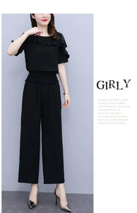 Women's Summer Suit 2025 New Waistband Lace Openwork Off The Shoulder Short Sleeve Tops Wide Leg Pants 2 Two Piece Set For Women
