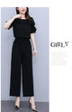 Women's Summer Suit 2025 New Waistband Lace Openwork Off The Shoulder Short Sleeve Tops Wide Leg Pants 2 Two Piece Set For Women