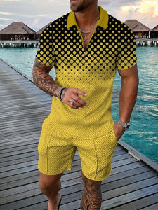 Funny 3D Polka Dot Print Men's Short Sleeve Sets Fashion Zip Polo Shirt Shorts 2 Piece Outfit Summer Street Clothing Casual Suit