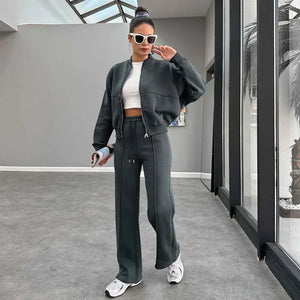FSMG Casual Sweatshirt Pants Set Solid Zippers Jackets Loose High Waist Lace-up Elastic Waist Trousers Suits Sportswear 2 Pieces