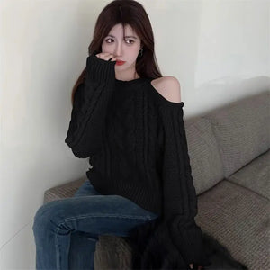 Women's Clothing Off Shoulder Sweet Sweaters Autumn/Winter Sexy Unique Tops Lady Elegant Crew Neck Knitted All-match Pullovers