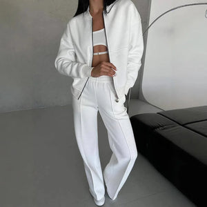 FSMG Casual Sweatshirt Pants Set Solid Zippers Jackets Loose High Waist Lace-up Elastic Waist Trousers Suits Sportswear 2 Pieces