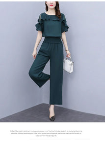 Women's Summer Suit 2025 New Waistband Lace Openwork Off The Shoulder Short Sleeve Tops Wide Leg Pants 2 Two Piece Set For Women