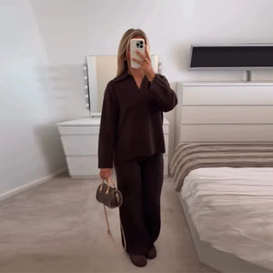 Casual Simple Loose Sweater Trousers Set Solid Color Retro Versatile Comfortable Streetwear Top Pants Commuting Women's Outfit