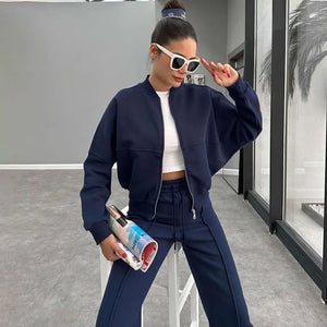 FSMG Casual Sweatshirt Pants Set Solid Zippers Jackets Loose High Waist Lace-up Elastic Waist Trousers Suits Sportswear 2 Pieces