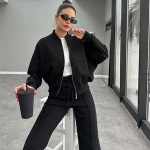 FSMG Casual Sweatshirt Pants Set Solid Zippers Jackets Loose High Waist Lace-up Elastic Waist Trousers Suits Sportswear 2 Pieces