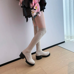 Stretchy Knit Over The Knee Boots Women Plus Size 35-42 Thick Heel Long Boots Woman Comfortable Slip On Slim High Botas Mujer