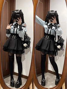 3-Color Sweet Gothic Lolita Coord Set, Off Shoulder Lace Blouse & High Waist Skirt, Kawaii Japanese Style Two Piece Outfit S-XL