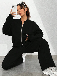 FSMG Casual Sweatshirt Pants Set Solid Zippers Jackets Loose High Waist Lace-up Elastic Waist Trousers Suits Sportswear 2 Pieces