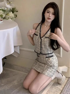 Ele Two-Piece Set  Sensation Small Cro Faion ort Women's Clothing Whole Set V-Ne Buttoning Polyester