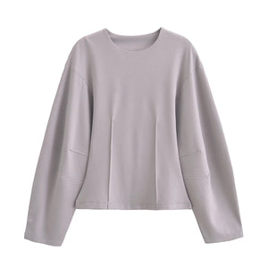 HH Women's 2-Piece Set Fashion Slimming Double-Sided Fabric Round Neck Long-Sleeve Top+Elegant Stretch Casual Wide Leg Pants