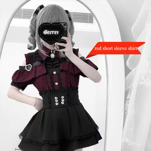 3-Color Sweet Gothic Lolita Coord Set, Off Shoulder Lace Blouse & High Waist Skirt, Kawaii Japanese Style Two Piece Outfit S-XL