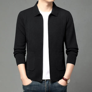 High Quality Korean Style Knit Cardigan Men Fashion Casual Turn Down Collar Knitted Sweatercoat Mens Solid Color Sweater Jackets