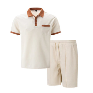 2025 summer new men waffle pocket color matching POLO shirt short sleeve shirt T-shirt shorts two sets