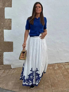 HH Women's 2-piece Set Of Blue Embroidered Single-breasted Loose Shirt + Chic High-waisted Loose Pleated Street Skirt Suit