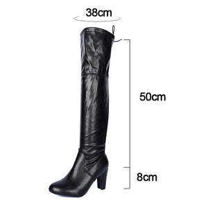 Fashion High Heel Thigh High Boots Women Autumn Winter Soft PU Leather Black Long Boots Woman Slip On Over The Knee Botas Mujer