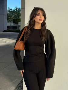 HH Women's 2-Piece Set Fashion Slimming Double-Sided Fabric Round Neck Long-Sleeve Top+Elegant Stretch Casual Wide Leg Pants