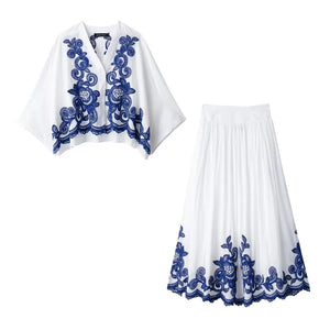 HH Women's 2-piece Set Of Blue Embroidered Single-breasted Loose Shirt + Chic High-waisted Loose Pleated Street Skirt Suit