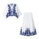 HH Women's 2-piece Set Of Blue Embroidered Single-breasted Loose Shirt + Chic High-waisted Loose Pleated Street Skirt Suit