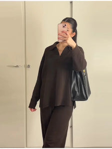 Casual Simple Loose Sweater Trousers Set Solid Color Retro Versatile Comfortable Streetwear Top Pants Commuting Women's Outfit