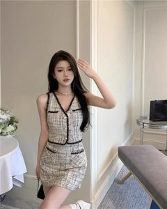 Ele Two-Piece Set  Sensation Small Cro Faion ort Women's Clothing Whole Set V-Ne Buttoning Polyester