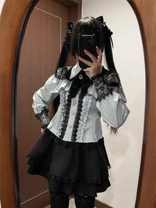 3-Color Sweet Gothic Lolita Coord Set, Off Shoulder Lace Blouse & High Waist Skirt, Kawaii Japanese Style Two Piece Outfit S-XL