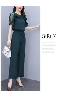 Women's Summer Suit 2025 New Waistband Lace Openwork Off The Shoulder Short Sleeve Tops Wide Leg Pants 2 Two Piece Set For Women