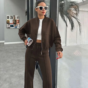 FSMG Casual Sweatshirt Pants Set Solid Zippers Jackets Loose High Waist Lace-up Elastic Waist Trousers Suits Sportswear 2 Pieces