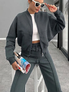 FSMG Casual Sweatshirt Pants Set Solid Zippers Jackets Loose High Waist Lace-up Elastic Waist Trousers Suits Sportswear 2 Pieces