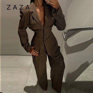 Vintage Brown Strip Blazer Jacket Pant Sets Padded Shoulder Slim Fit Suit Coat High Waist Casual Trousers 2025 New Autumn Outfit