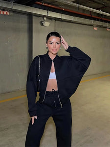 FSMG Casual Sweatshirt Pants Set Solid Zippers Jackets Loose High Waist Lace-up Elastic Waist Trousers Suits Sportswear 2 Pieces