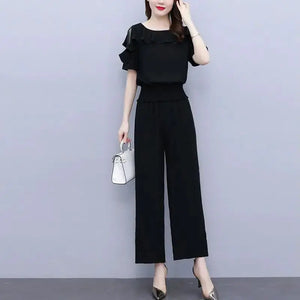 Women's Summer Suit 2025 New Waistband Lace Openwork Off The Shoulder Short Sleeve Tops Wide Leg Pants 2 Two Piece Set For Women