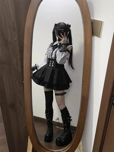 3-Color Sweet Gothic Lolita Coord Set, Off Shoulder Lace Blouse & High Waist Skirt, Kawaii Japanese Style Two Piece Outfit S-XL