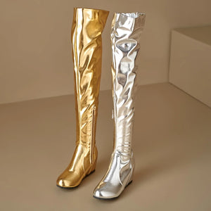 ORCHA LISA Over Knee Boots 60cm High Shiny Fashion Round Toe Wedge Heel Heel Big Size 47 48 US16 US17 Red Black