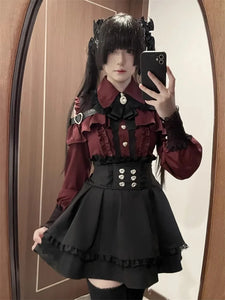 3-Color Sweet Gothic Lolita Coord Set, Off Shoulder Lace Blouse & High Waist Skirt, Kawaii Japanese Style Two Piece Outfit S-XL