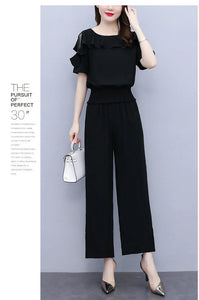 Women's Summer Suit 2025 New Waistband Lace Openwork Off The Shoulder Short Sleeve Tops Wide Leg Pants 2 Two Piece Set For Women