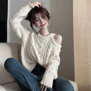 Women's Clothing Off Shoulder Sweet Sweaters Autumn/Winter Sexy Unique Tops Lady Elegant Crew Neck Knitted All-match Pullovers