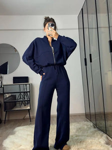 FSMG Casual Sweatshirt Pants Set Solid Zippers Jackets Loose High Waist Lace-up Elastic Waist Trousers Suits Sportswear 2 Pieces