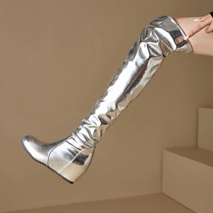 ORCHA LISA Over Knee Boots 60cm High Shiny Fashion Round Toe Wedge Heel Heel Big Size 47 48 US16 US17 Red Black