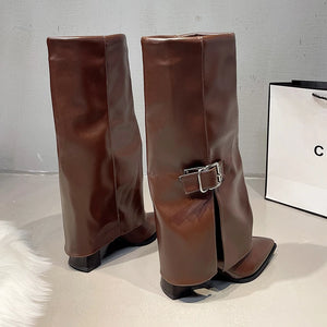 Fashion High Heels Knee High Boots for Women Winter 2025 Trend Pointed Toe Knight Boots Woman Fold Over PU Leather Long Botas