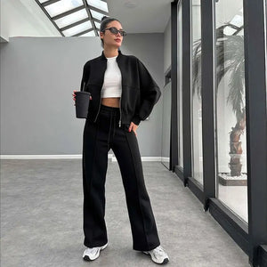 FSMG Casual Sweatshirt Pants Set Solid Zippers Jackets Loose High Waist Lace-up Elastic Waist Trousers Suits Sportswear 2 Pieces