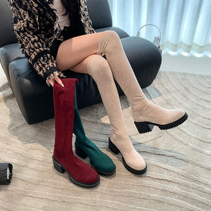 Stretchy Knit Over The Knee Boots Women Plus Size 35-42 Thick Heel Long Boots Woman Comfortable Slip On Slim High Botas Mujer