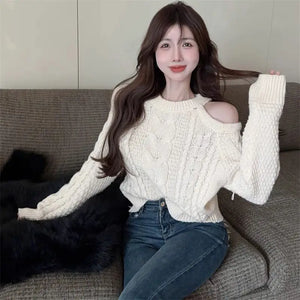 Women's Clothing Off Shoulder Sweet Sweaters Autumn/Winter Sexy Unique Tops Lady Elegant Crew Neck Knitted All-match Pullovers