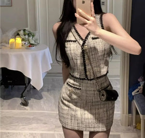 Ele Two-Piece Set  Sensation Small Cro Faion ort Women's Clothing Whole Set V-Ne Buttoning Polyester