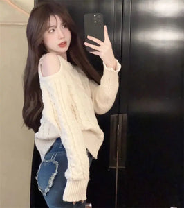 Women's Clothing Off Shoulder Sweet Sweaters Autumn/Winter Sexy Unique Tops Lady Elegant Crew Neck Knitted All-match Pullovers