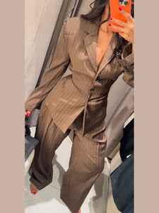Vintage Brown Strip Blazer Jacket Pant Sets Padded Shoulder Slim Fit Suit Coat High Waist Casual Trousers 2025 New Autumn Outfit