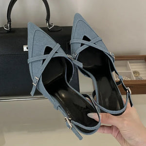 Temperament Pointed Toe Shallow Mouth High-heeled Single Shoes Women's Summer New One-word Cross Strap Stiletto Sandals