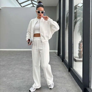 FSMG Casual Sweatshirt Pants Set Solid Zippers Jackets Loose High Waist Lace-up Elastic Waist Trousers Suits Sportswear 2 Pieces