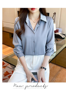 New Spring satin shirts solid color office ladies shirts fashion Women Blouses Long Sleeve Tops Blusas Mujer