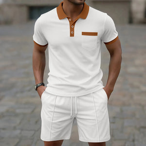2025 summer new men waffle pocket color matching POLO shirt short sleeve shirt T-shirt shorts two sets